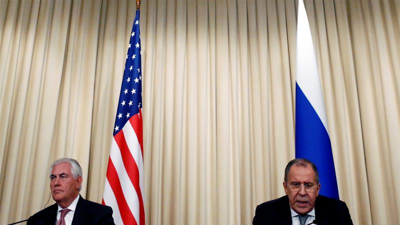 Lavrov, right, and Tillerson attend a news conference following their talks in Moscow