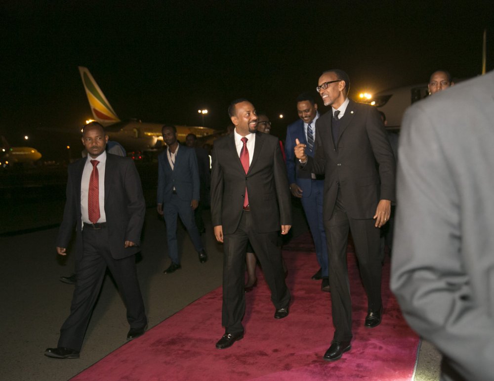 At the airport, Kagame was received by Ethiopian Prime Minister, Dr. Abiy Ahmed 