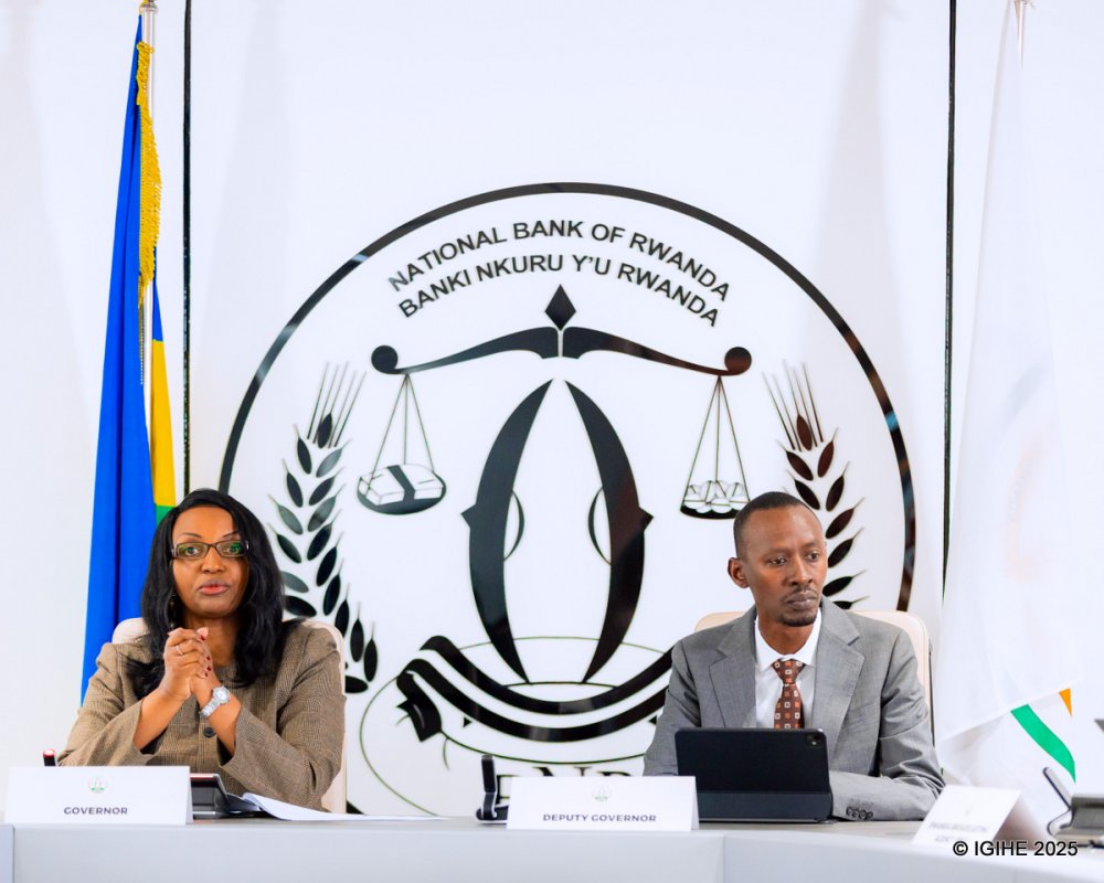 Governor of the National Bank of Rwanda, Soraya Hakuziyaremye, together with the Deputy Governor, Nick Barigye, during a press briefing in which the Central Bank rate to be applied in the next quarter was announced.