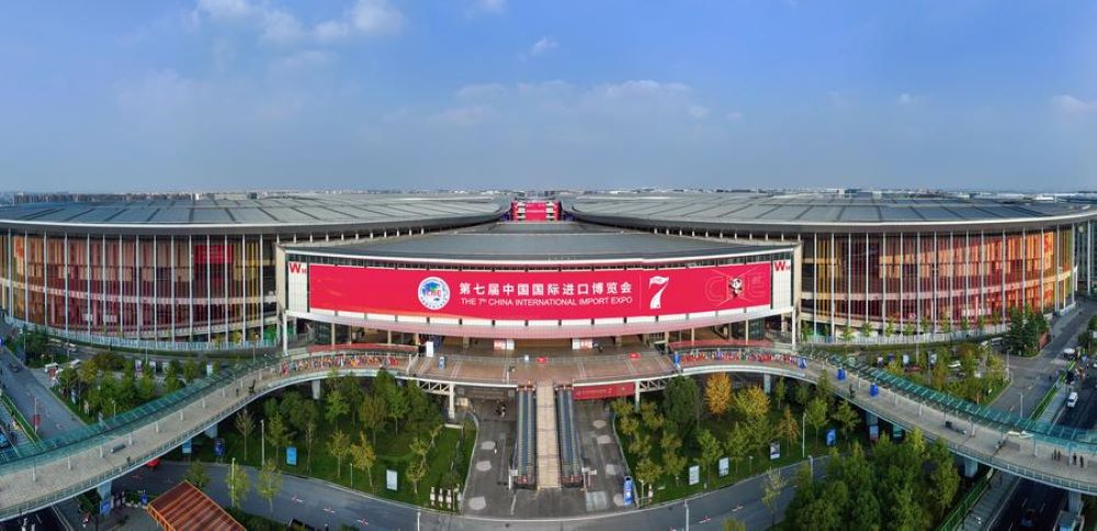 A panoramic drone photo taken on Nov. 2, 2024 shows the west entrance of the National Exhibition and Convention Center (Shanghai), the main venue for the 7th China International Import Expo (CIIE), in east China's Shanghai. (Xinhua/Liu Ying)