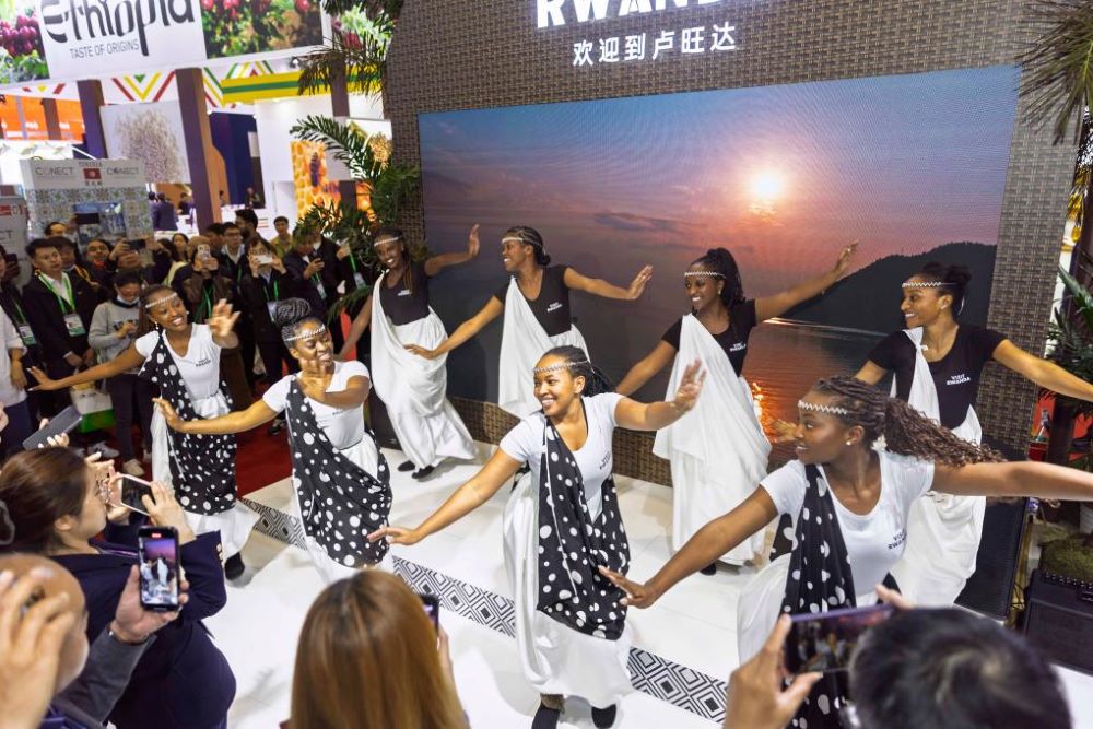 Rwandan dance team performing the traditional dance at the 7th China International Import Expo (CIIE).