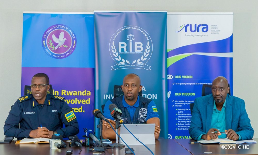 Among the officials present at the press conference, from right to left, were the Head of Technology at the Rwanda Utilities Regulatory Authority (RURA), Gahungu Charles; the Spokesperson for RIB, Dr. Murangira B. Thierry; and the Spokesperson for Rwanda National Police, ACP Rutikanga Boniface.