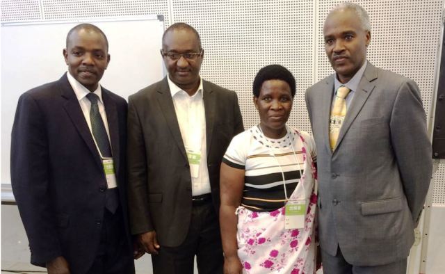 L-R: Dr. Ndambe Nzaramba, Acting COO of NAEB, Mr. Pierre Munyura, Chairman of Coffee Exporters and Processors Association of Rwanda, Mrs Lucie Byukusenge, a coffee farmer, and Amb. Dr. Charles Murigande, at the Rwanda coffee seminar in Tokyo Japan.