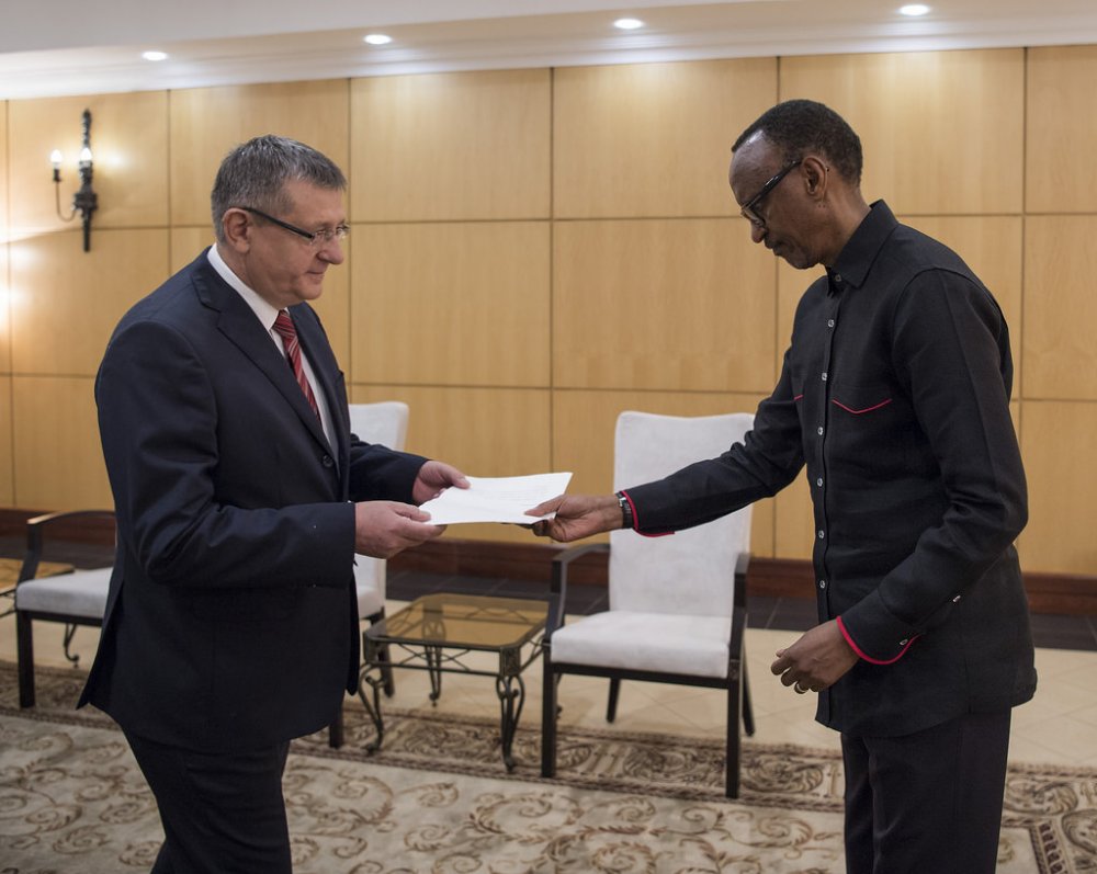President Kagame receiving letters of credence from the Ambassador of Slovakia to Rwanda, František Dlhopolček