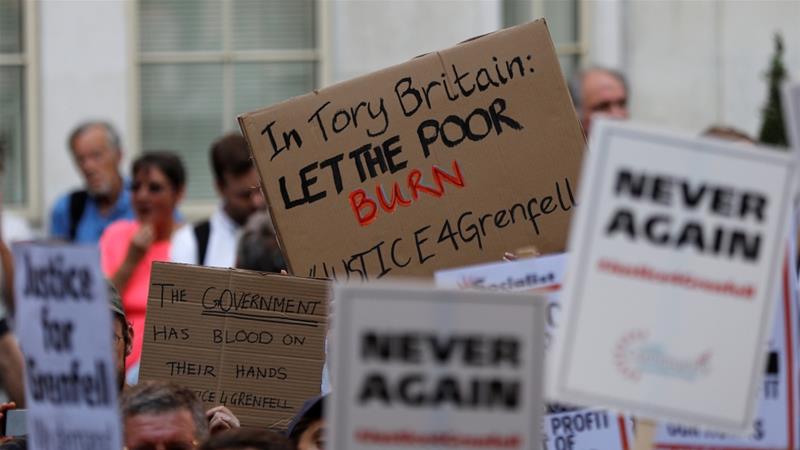 Demonstrators called for swift action, including May's resignation, following the tower blaze