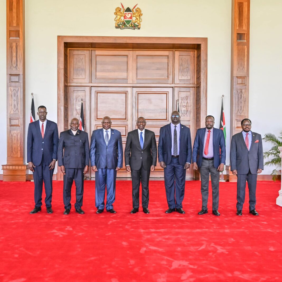 Kenyan President William Ruto (center) announced the suspension of the mediation process between the South Sudan government and the Opposition Hold-Out Group on February 21, 2025.