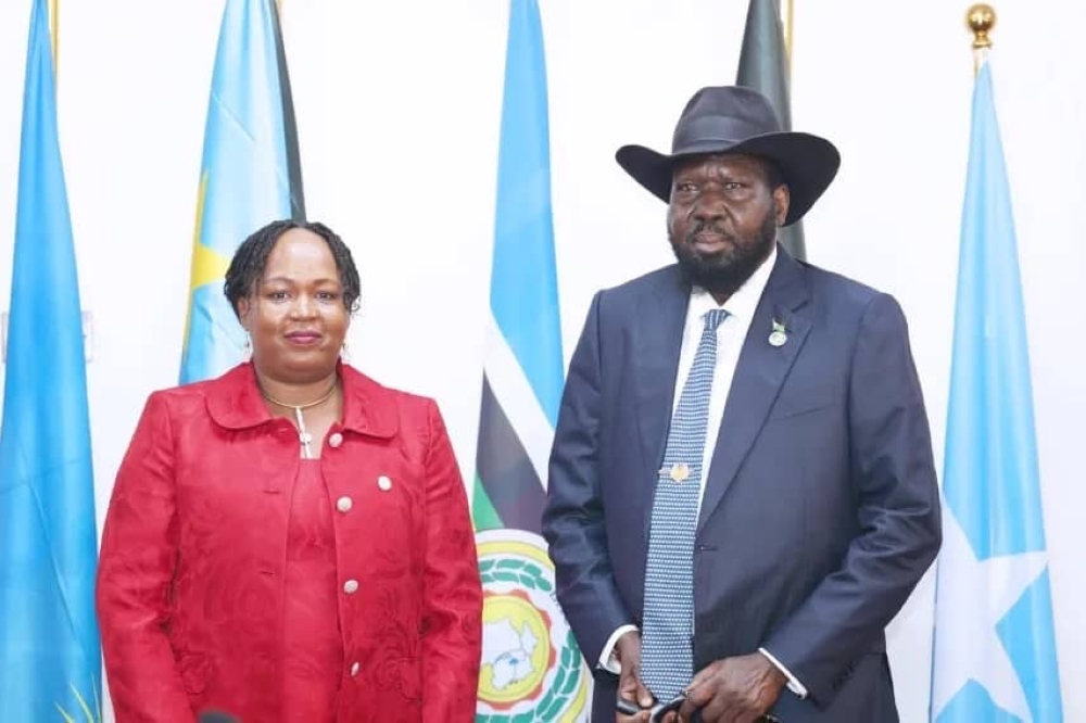 The incoming EAC Secretary General, Veronica Nduva, with President Salva Kiir Mayardit, the Chairperson of the EAC Summit in Juba shortly after she was sworn in as SG.