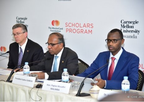 From right:Dr Musafiri Malimba,the Minister of Education ,Subra Suresh, the president of Carnegie Mellon University in Rwanda and Kim Kerr, Deputy Director, Education and Learning at The MasterCard Foundation.