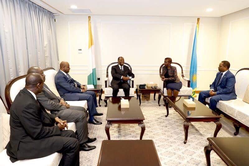 Ivory Coast President, Alassane Ouattara was welcomed by the Minister of Foreign Affairs, Cooperation and East African Community Affairs, Louise Mushikiwabo