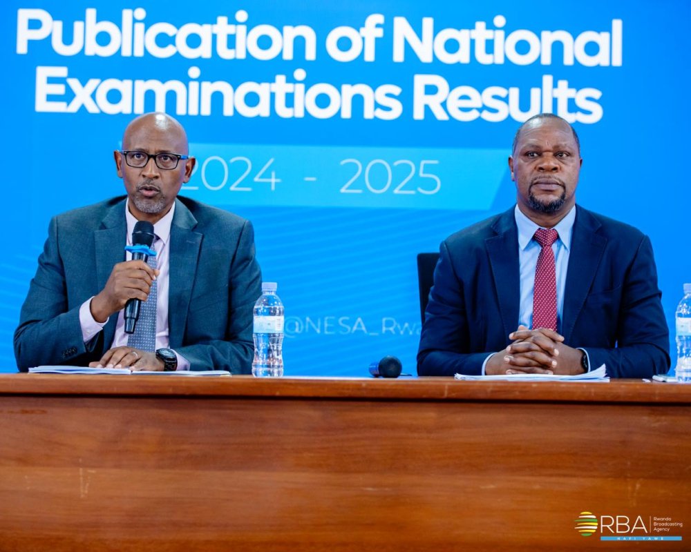Education Minister Joseph Nsengimana (left) with the Director General of NESA at a press conference to announce results.