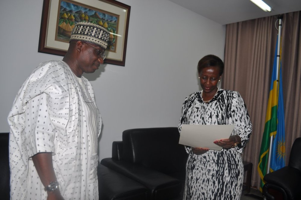 Ambassador Adamu Onoze Shuaibu to represent Nigeria in Rwanda with residence in Kigali handing to Min. Mushikiwabo his copies of credence letters
