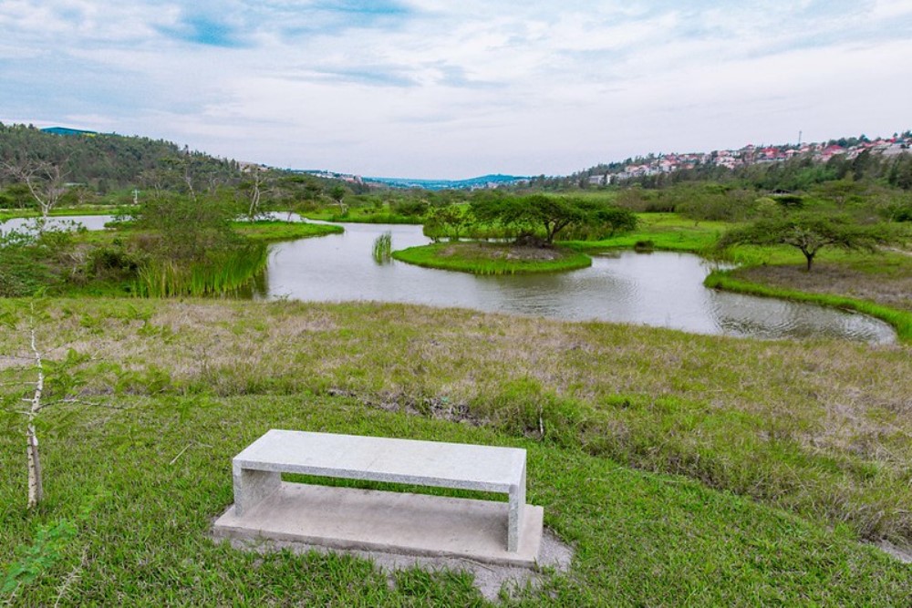 A view of a water pond and a bench for visitors at the eco-tourism park. 