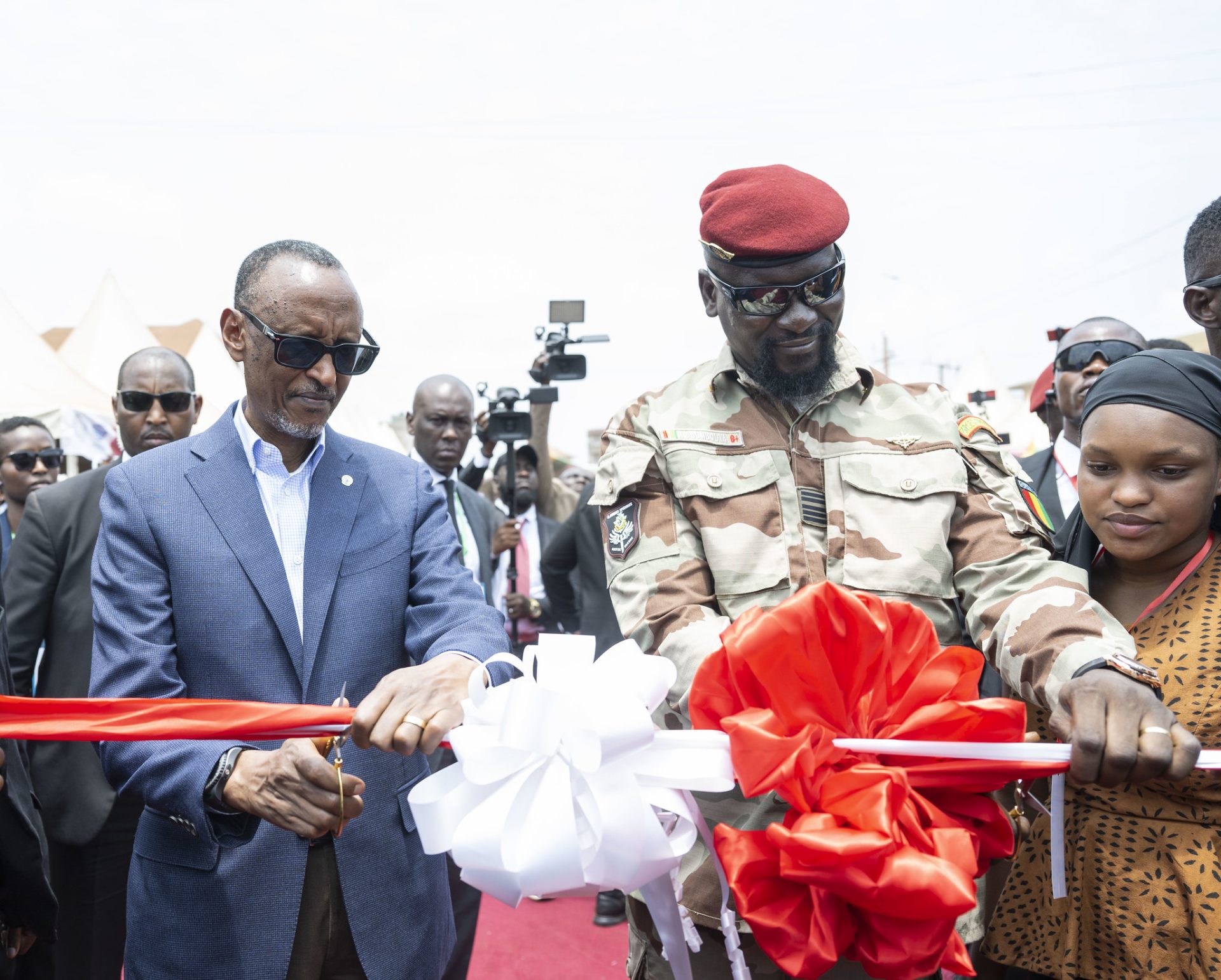 President Paul Kagame and his Guinea counterpart Mamadi Doumbouya during the inauguration of a highway interchange connecting Kagbélen to Conakry in April 2023.