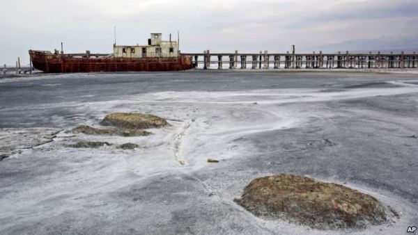 An abandoned ship is stuck in solidified salt at Lake Urmia, northwestern Iran. Once one of the biggest saltwater lakes on Earth, Urmia has been decimated by climate change, irrigation use and damming of nearby rivers.
