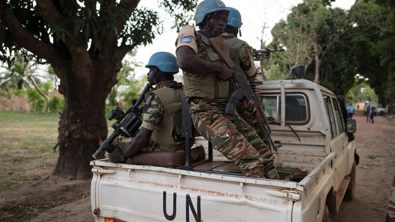 Cameroonian peacekeepers guard the village of Bambara, Central African Republic, in April