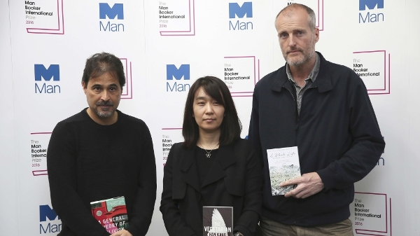 Nominated authors, from left to right, Jose Eduardo Agualusa, Han Kang and Robert Seethaler pose with their novels