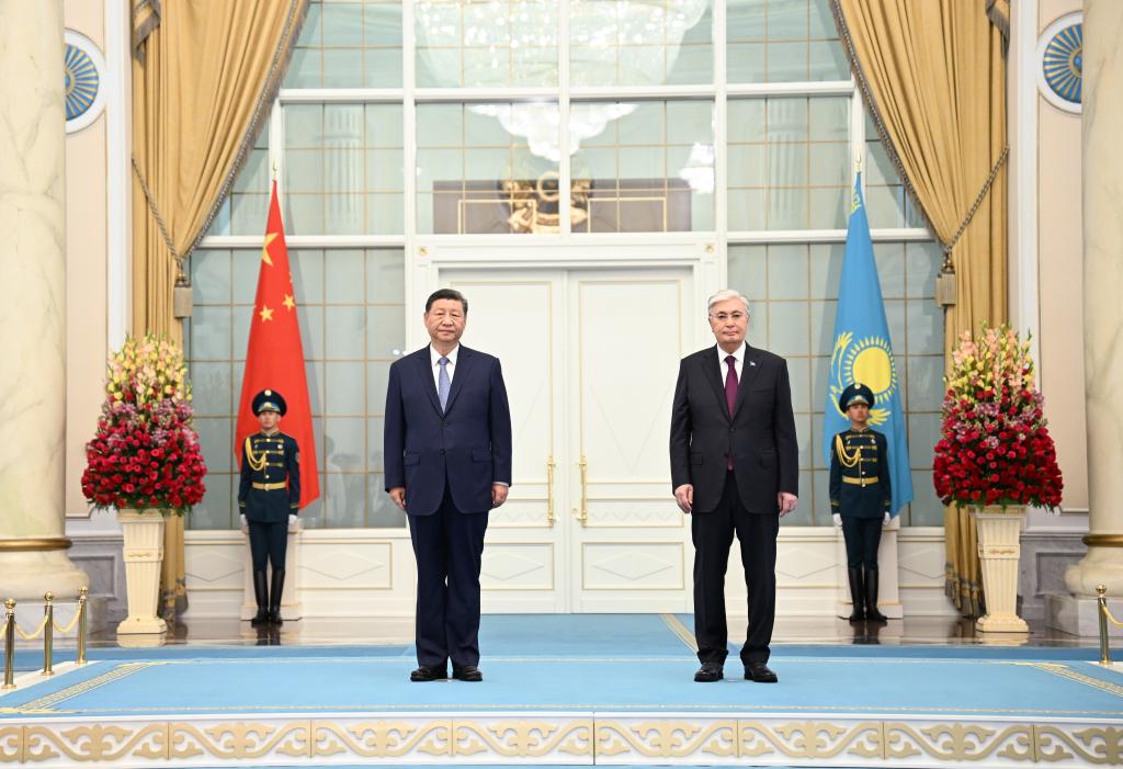 Chinese President Xi Jinping attends a welcome ceremony hosted by Kazakh President Kassym-Jomart Tokayev in Astana, Kazakhstan, July 3, 2024. Xi held talks with Tokayev at the presidential palace in Astana on Wednesday. (Xinhua/Xie Huanchi)