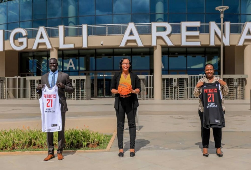 The launch of  partnership has been witnessed by BAL President Amadou Gallo Fall (left), the Minister of Sports Aurore Mimosa Munyangaju (middle) and the CEO of Rwanda Development Board Clare Akamanzi (right).