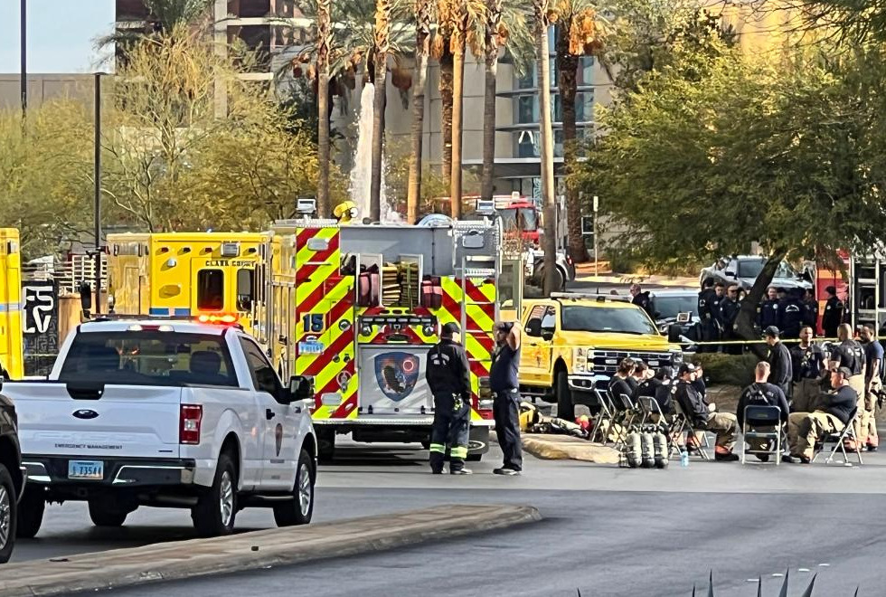 First responders are seen in an area sealed off outside the Trump International Hotel in Las Vegas, Nevada, the United States, on January 1, 2025.