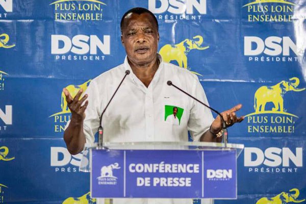 Newly re-elected Congo President Denis Sassou Nguesso addresses a press conference in Brazzaville on March 24, 2016 minutes after the Independent Electoral Commission declared him the winner.