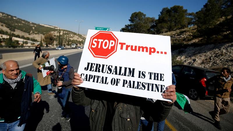 A Palestinian protests against a promise by Trump to relocate the US embassy to Jerusalem