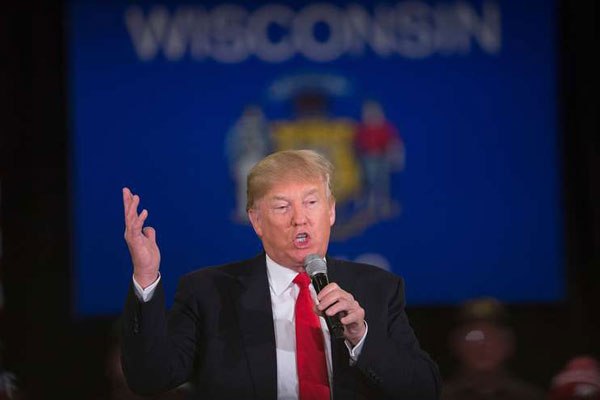 Republican presidential candidate Donald Trump speaks to guests during a campaign rally at the Radisson Paper Valley Hotel on March 30, 2016 in Appleton, Wisconsin. Germany on Thursday criticised Trump’s “America first” prescriptions for US foreign policy as doomed to failure in today’s globalised world.