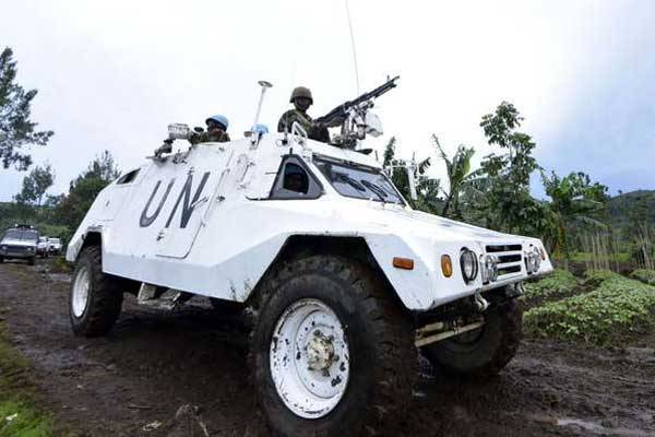 A UN mission in DR Congo (MONUSCO) armoured personnel carrier on patrol on November 5, 2013 on Chanzu hill in the eastern North Kivu. The UN on Wednesday said it was "deeply concerned" for around 35,000 people forced to flee camps in eastern Congo.