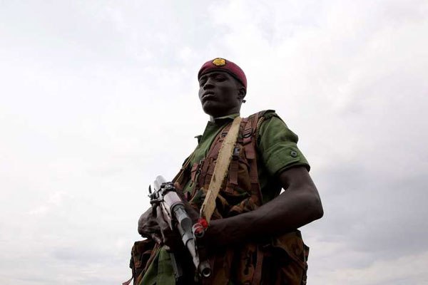 A Sudan People's Liberation Army-in opposition (SPLA-io) soldier is seen at a containment site in the south Sudanese capital, Juba, on April 7, 2016.