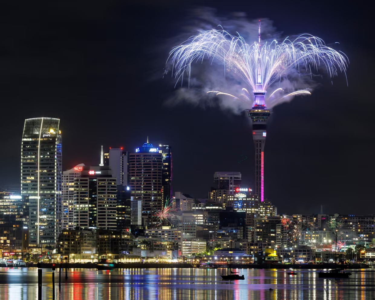 A firework display from the top of Auckland's Sky Tower welcomes in the new year for New Zealand.