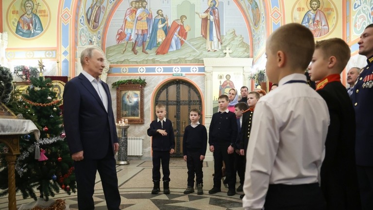 Russian President Vladimir Putin speaks to veterans and their families after a Christmas service in Solnechnogorsk, Russia on January 7, 2025.