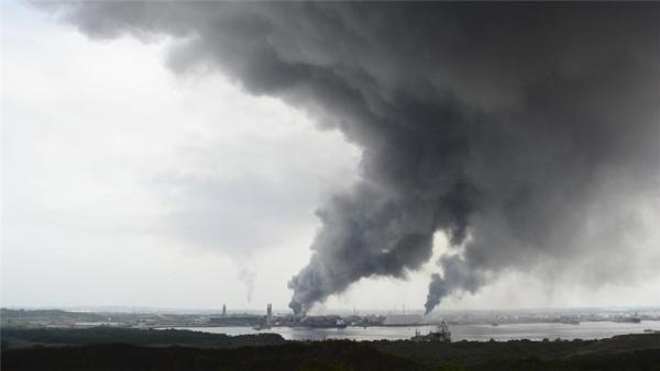 Smoke rises from the explosion site at Mexican national oil company Pemex's Pajaritos petrochemical complex in Coatzacoalcos
