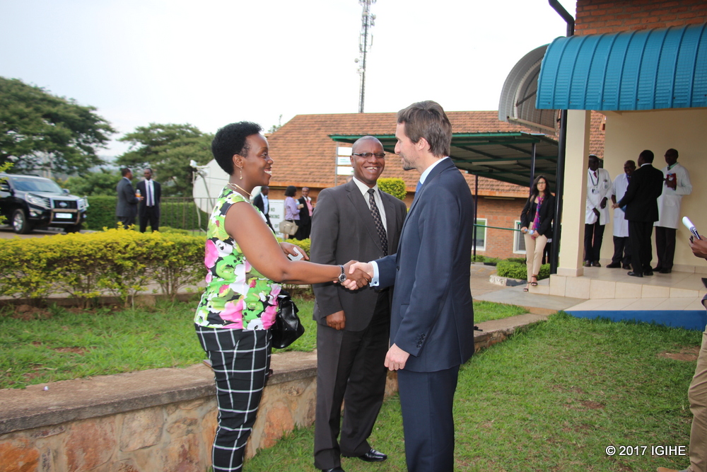 The Minister of Health, Dr Diane Gashumba chats with the Managing Director of Oshen Health Care Rwanda Ltd, Carlos Malet at King Faisal Hospital yesterday.  