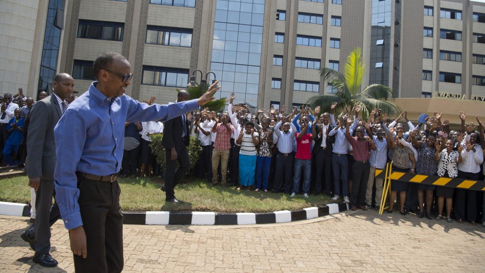 President Paul Kagame greeting supporters at NEC headquarters