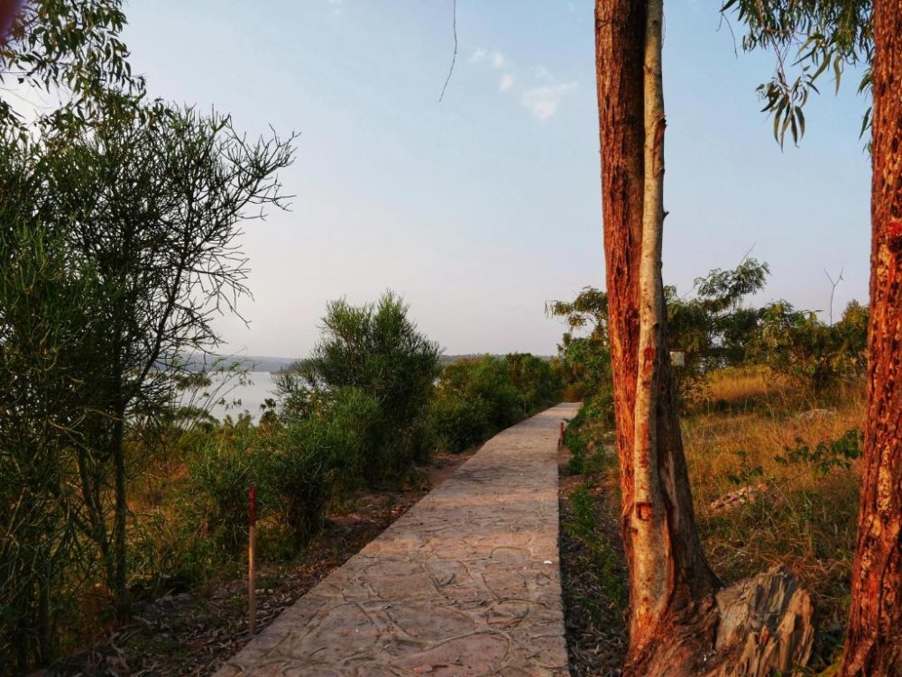 Such walkways lead to peaceful resting spots by the lake.