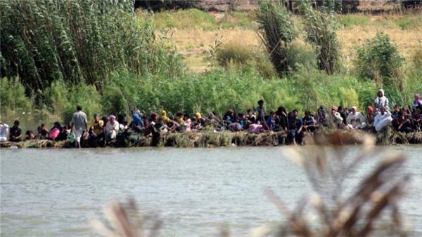 Displaced families wait to cross the Euphrates after their arrival in Amiriyat southwest of Fallujah