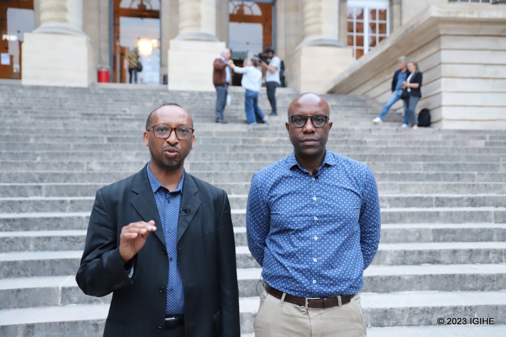 Lawyer André-Martin Karongozi (left) and Gisagara Richard during an interview with IGIHE.