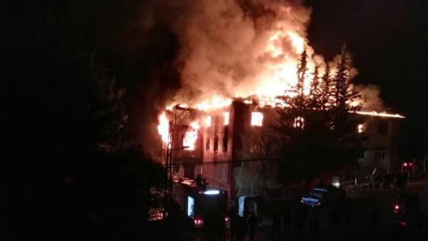 Television footage showed the three-storey building in flames, with fire engine teams trying to put out the blaze
