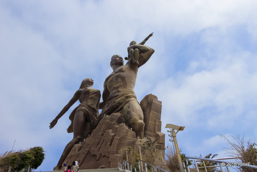 The African Renaissance monument was built by former president Abdoulaye Wade in 2010. It’s represented by a man and his wife together holding the hand of the young one, which means the next century is better than the past