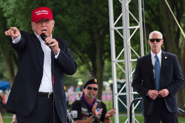 Republican presidential candidate Donald Trump speaks during an event at the annual Rolling Thunder "Ride for Freedom" parade ahead of Memorial Day in Washington, DC, on May 29, 2016.