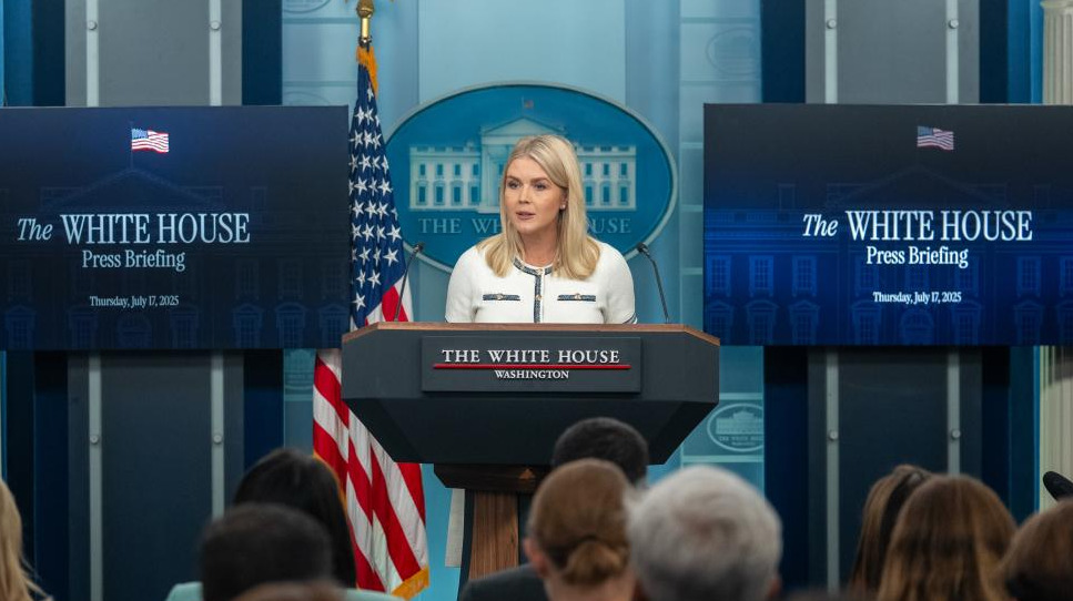 White House Press Secretary Karoline Leavitt speaks during a press briefing at the White House in Washington, D.C., the United States, on July 17, 2025. U.S. President Donald Trump has been diagnosed with a common and benign vein condition after experiencing swelling in his lower legs, White House Press Secretary Karoline Leavitt announced on Thursday.
