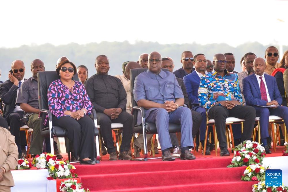 File photo taken on Oct. 3, 2023 shows President of the Democratic Republic of the Congo (DRC) Felix Tshisekedi (C) attending a ceremony at the Sakania dry port in Haut-Katanga province, DR Congo. The Constitutional Court of the Democratic Republic of the Congo on Tuesday officially confirmed the re-election of President Felix Tshisekedi following the Dec. 20 polls. (Xinhua/Shi Yu)