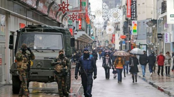 Armed police and soldiers on the streets of Brussels
