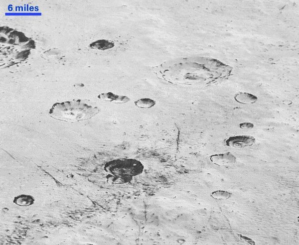 Craters seen about 15 minutes before New Horizons’ closest approach to Pluto – from a range of just 17,000km