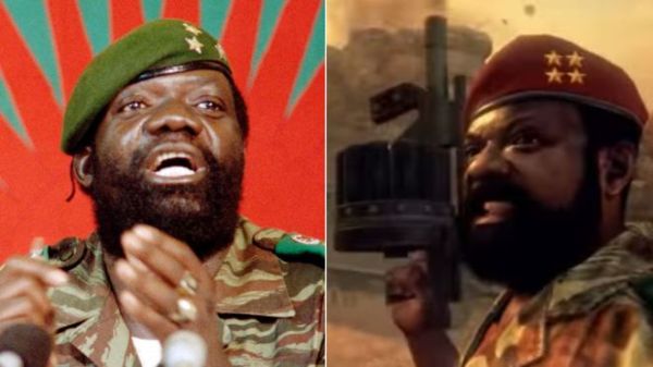 Jonas Savimbi depicted in 1985 - and in his virtual appearance in Call of Duty