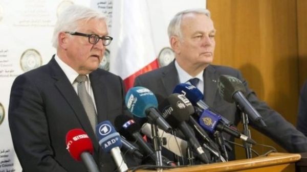 German Foreign Minister Frank-Walter Steinmeier (left) and his French counterpart Jean-Marc Ayrault in Tripoli, Libya. Photo: 16 April 2016Image copyrightEPA Image caption Ministers Steinmeier (left) and Ayrault said Europe was ready to train Libya's security forces
