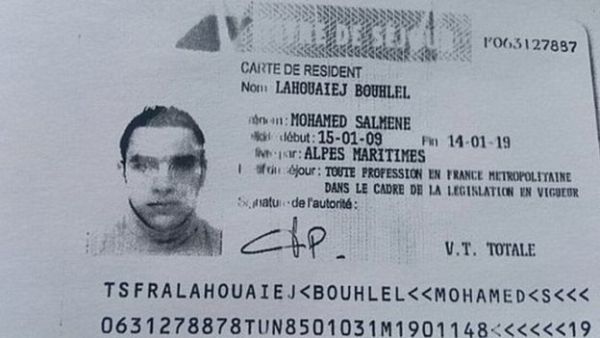 A reproduction of the residence permit of Lahouaiej-Bouhlel, from French police sources