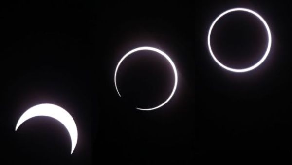 This composite image shows the progress of the eclipse as seen from La Reunion