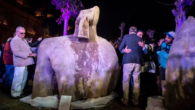 The massive statue - pictured with Denmark's Prince Henrik, left - was at first thought to be Ramses II, also known as Ramses the Great