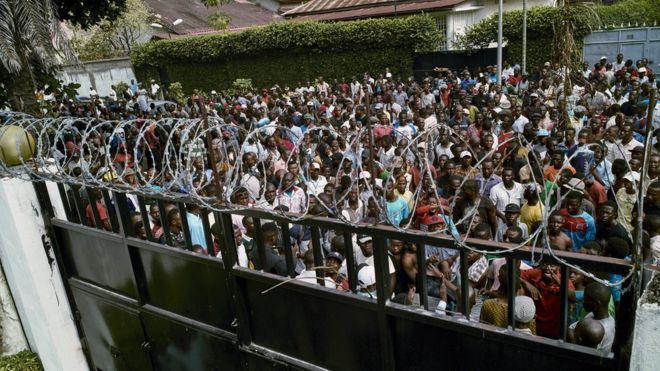 Protesters gathered outside the home of the late opposition leader Etienne Tshisekedi
