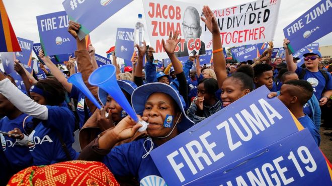 Demonstrators form the opposition Democratic Alliance in Johannesburg are due to converge a short distance from the ANC headquarters